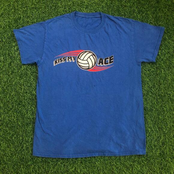 Blue ‘Kiss My Ace’ Volleyball Graphic Number Tee - Picture 1 of 3